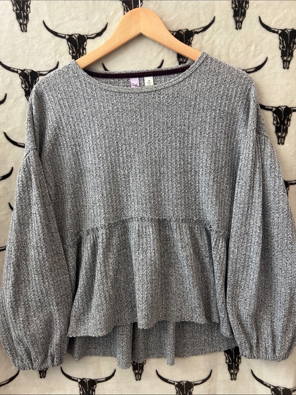 Alya Gray Waffle Knit Tiered Peplum Top Size M
